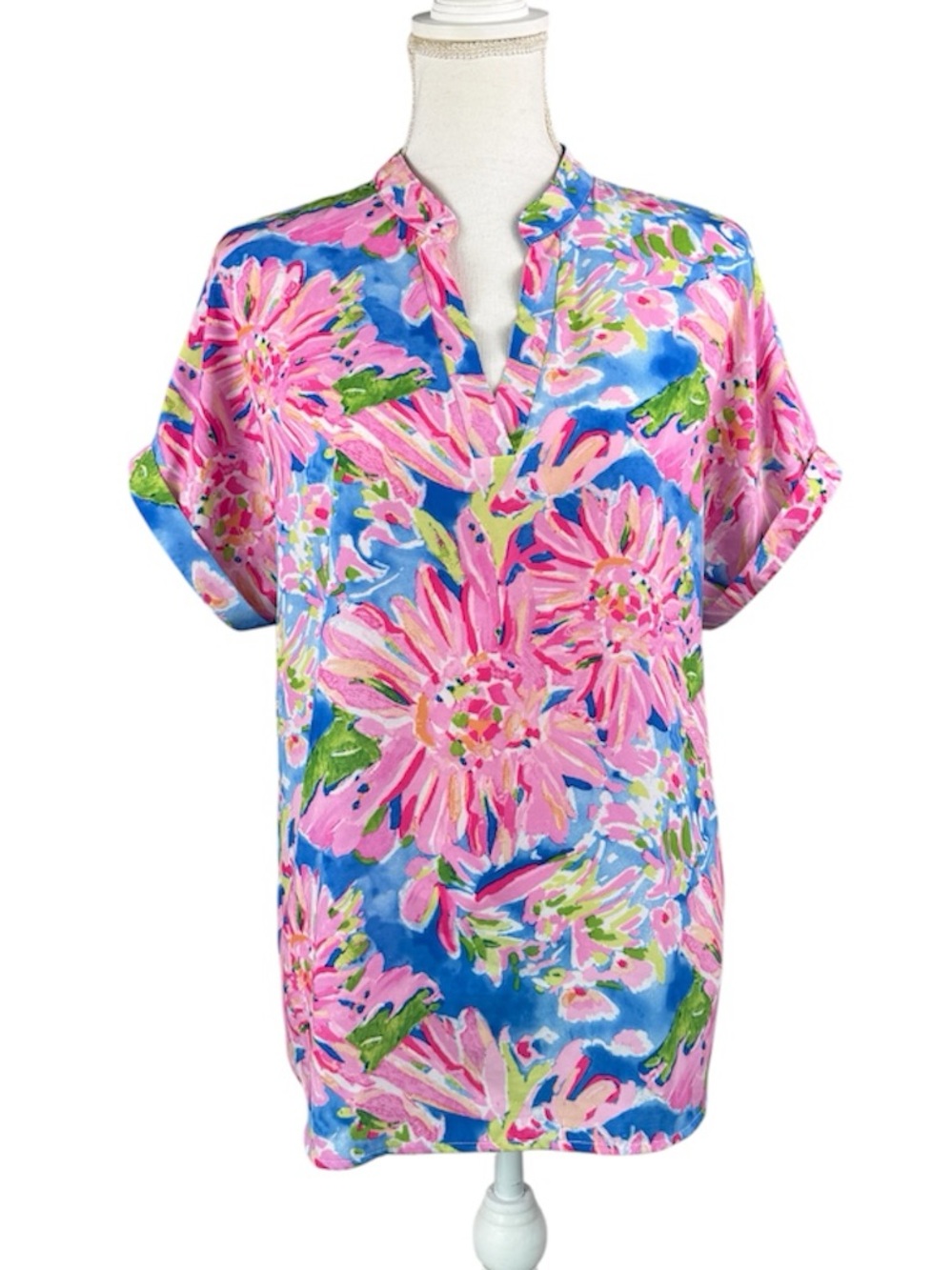 Boutique Floral Notch V Neck Top Pink Blue Rolled Cap Sleeves